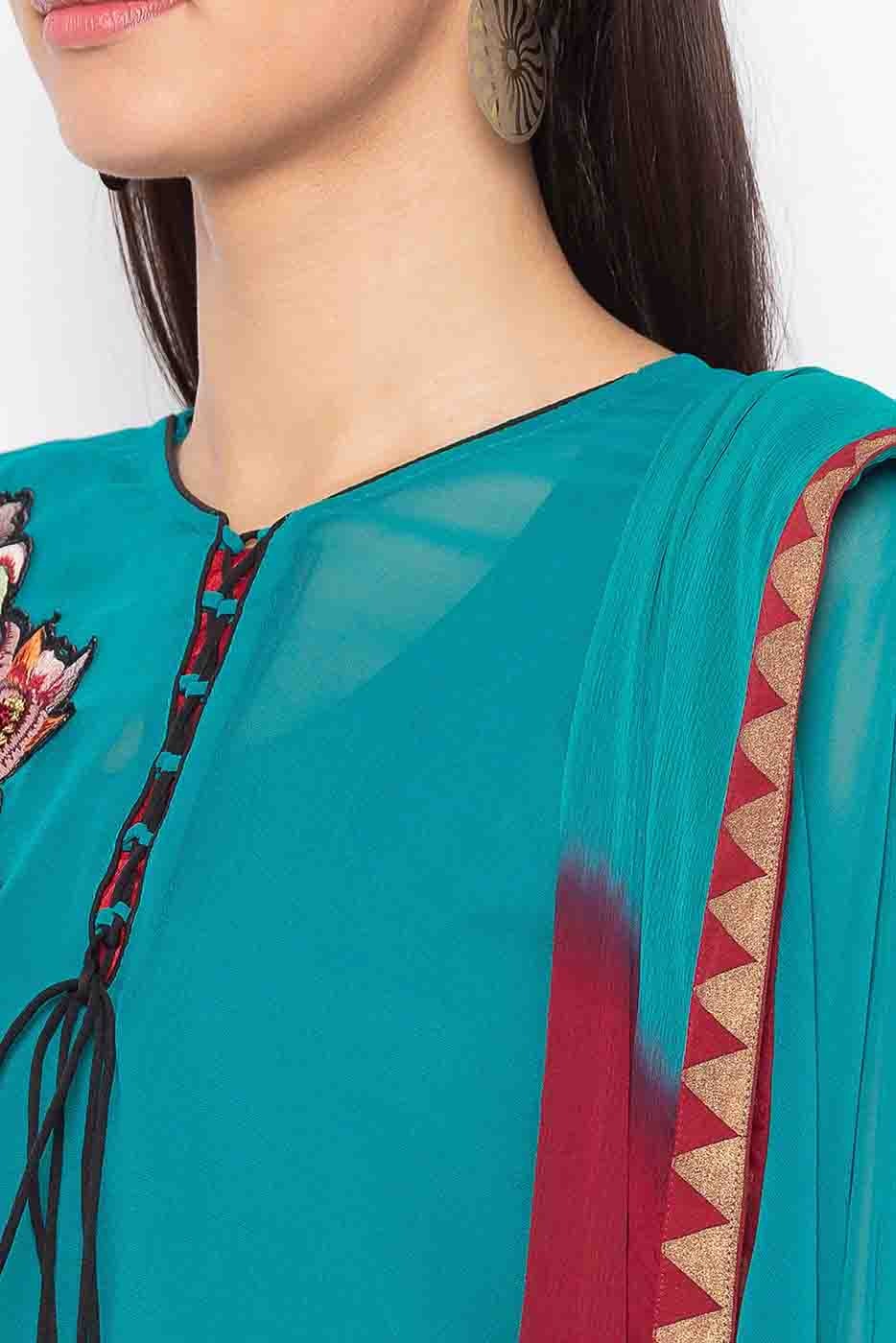 Green Colour Plus Size Stitched Georgette Embroidery Pant Style Suit BW1070254 B