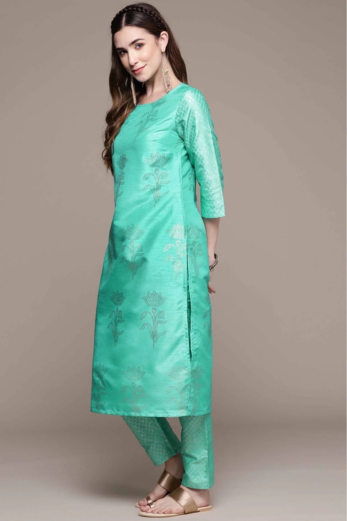 Green Colour Poly Silk Foil Print Kurta With Pant KR1060151 A