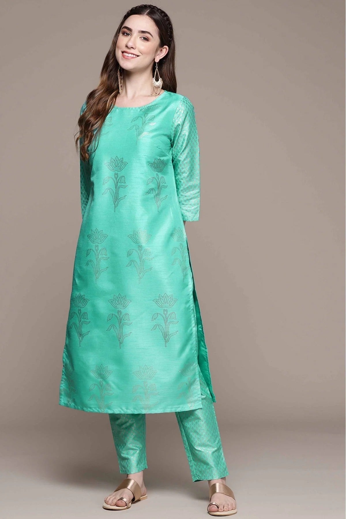Green Colour Poly Silk Foil Print Kurta With Pant KR1060151