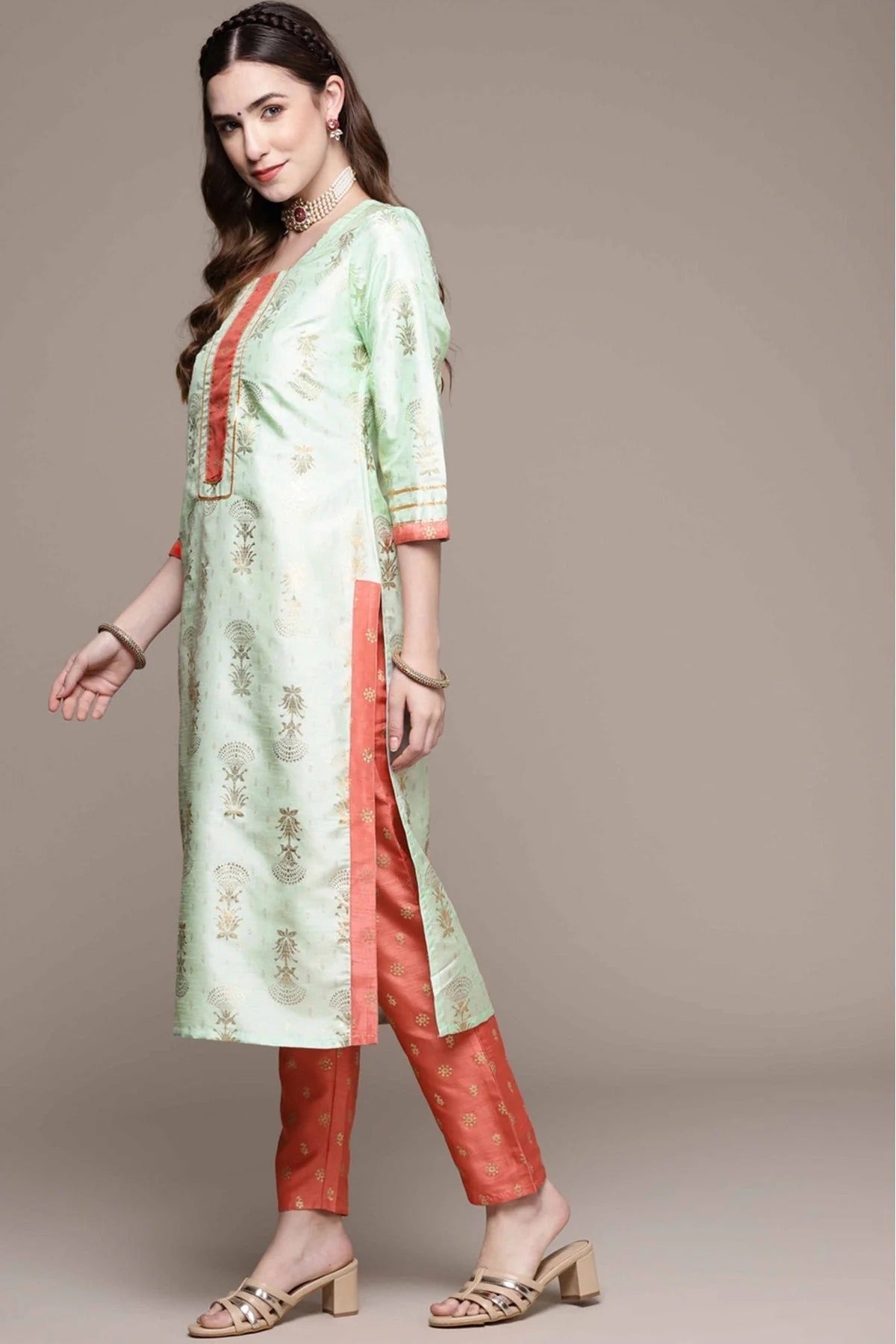 Green Colour Poly Silk Foil Print Kurta With Pant KR1060157 A