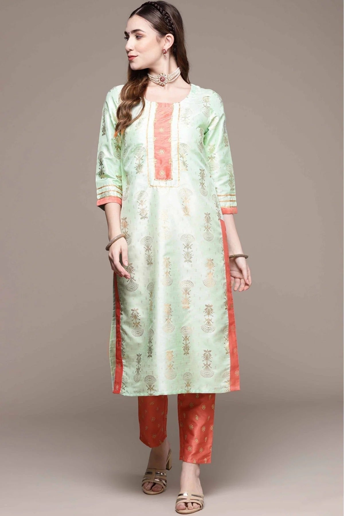 Green Colour Poly Silk Foil Print Kurta With Pant KR1060157