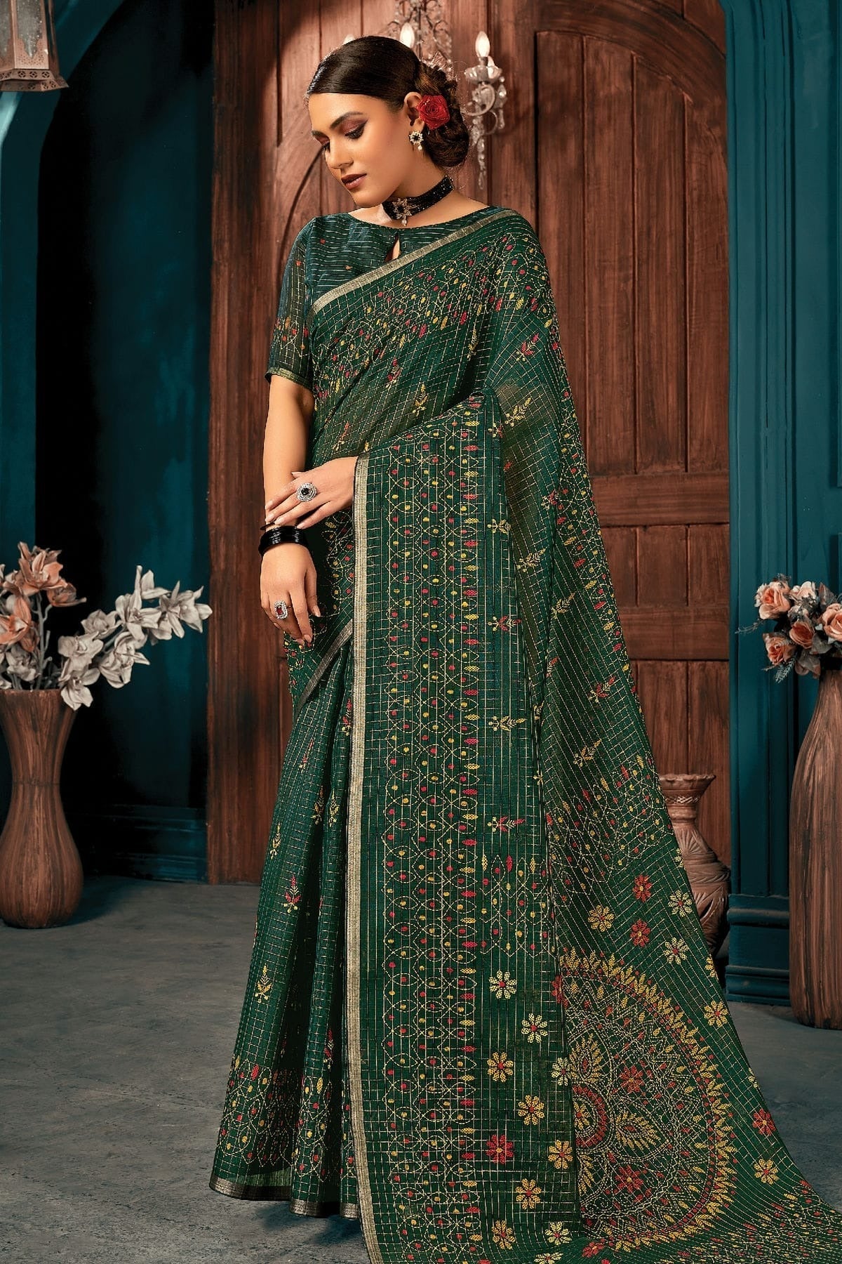 Green Colour Printed Work Cotton Saree SD1101303
