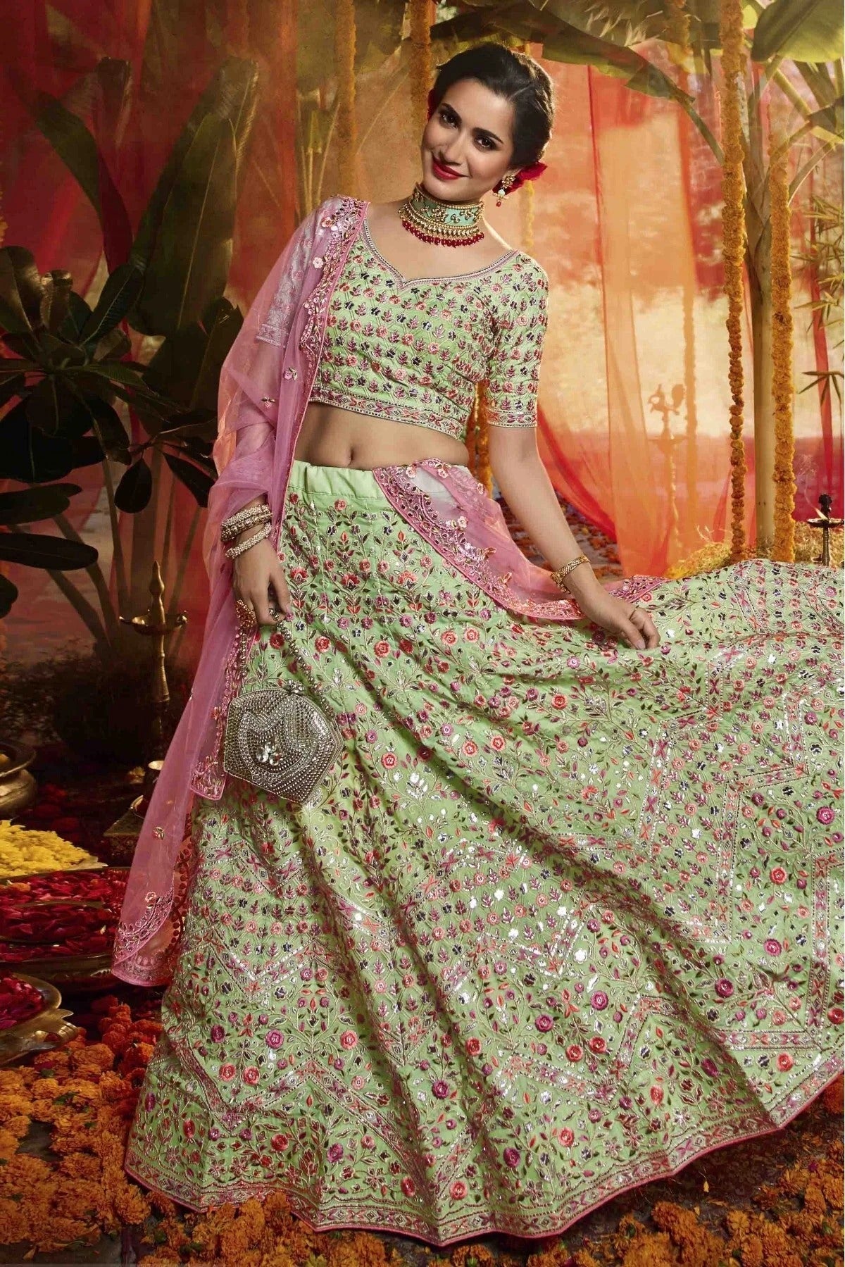 Green Colour Pure Organza Embroidery Lehenga Choli LC1080185 A