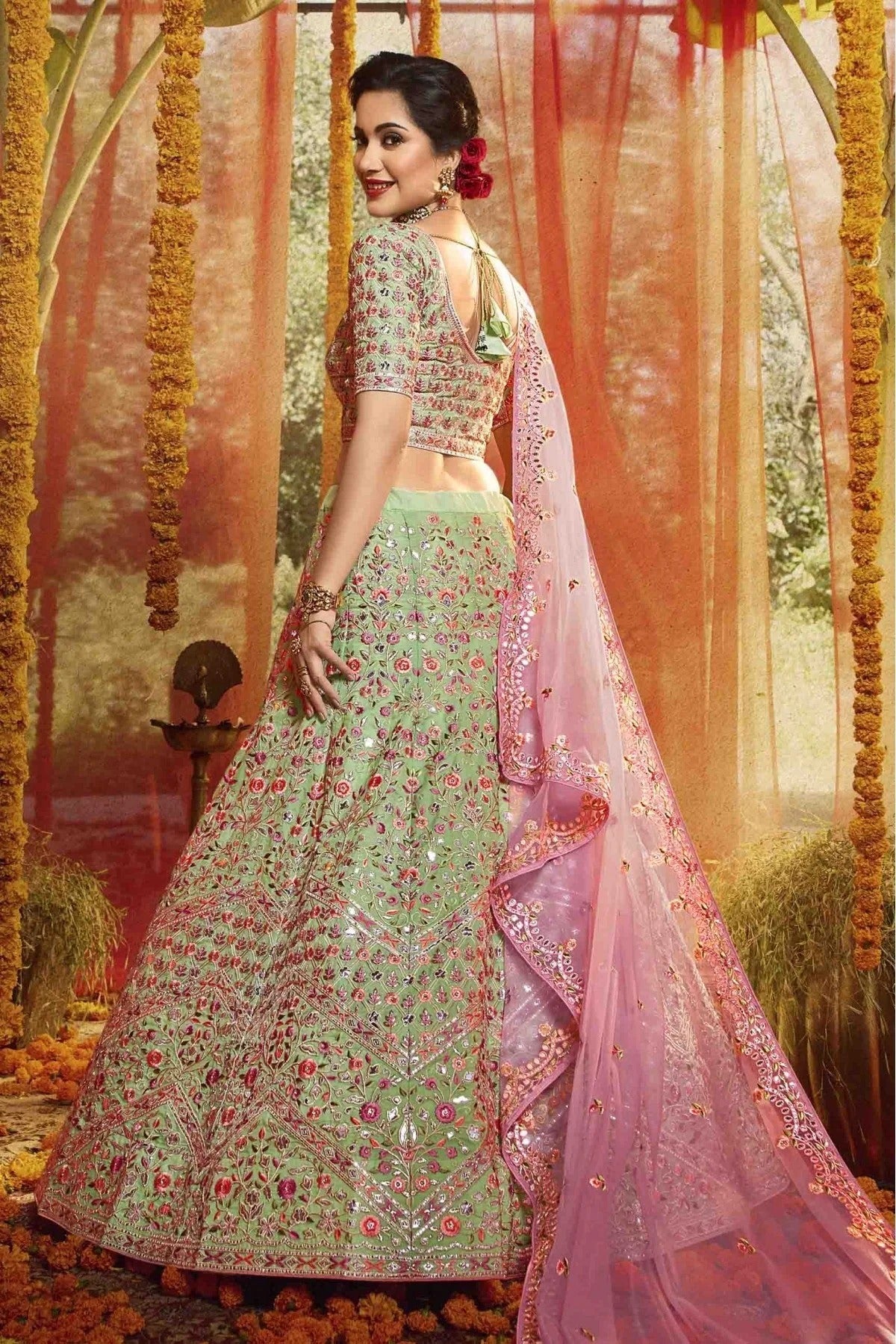 Green Colour Pure Organza Embroidery Lehenga Choli LC1080185 B