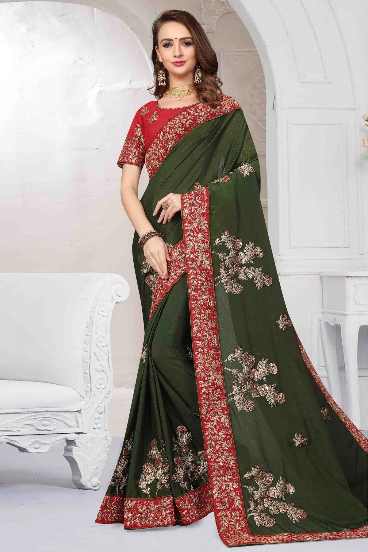 Green Colour Pure Satin Designer Saree SD1120454
