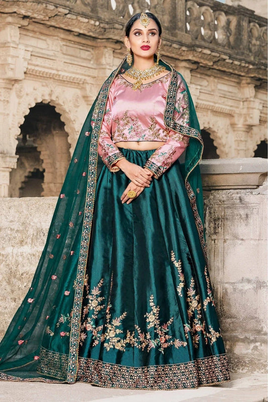Green Colour Pure Satin Resham Work Lehenga Choli LC1080410