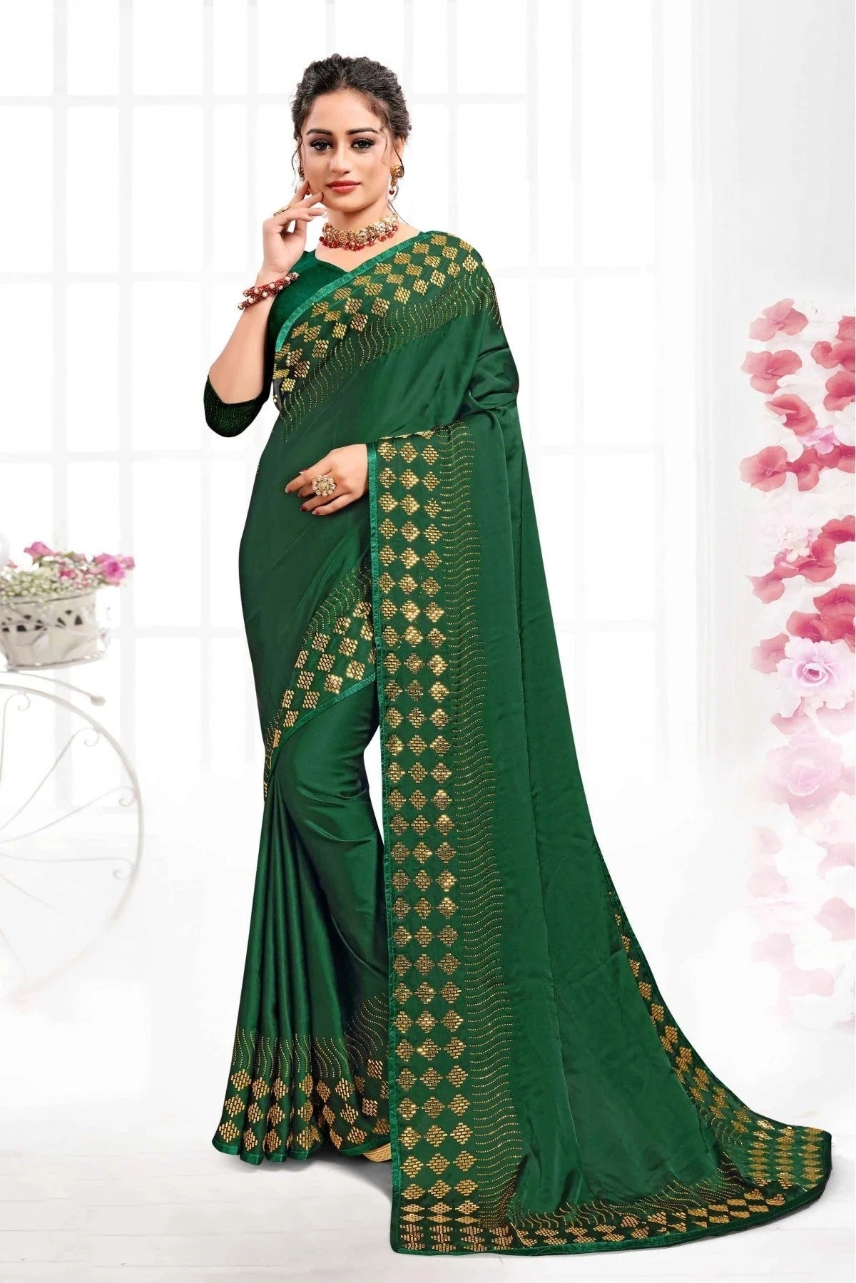 Green Colour Pure Satin Swarovski Work Saree SD1120337
