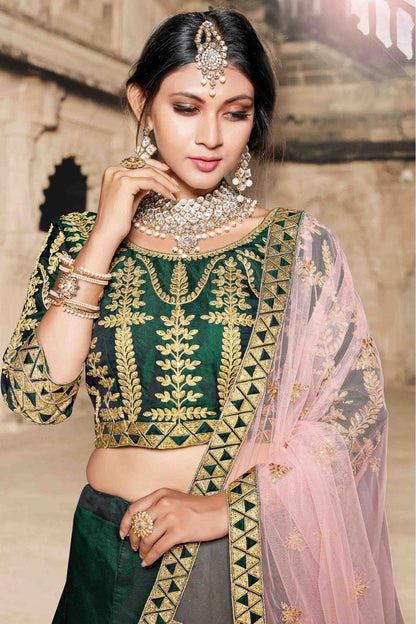 Green Colour Pure Taffeta Thread Work Lehenga Choli LC1080409 A