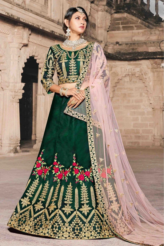 Green Colour Pure Taffeta Thread Work Lehenga Choli LC1080409