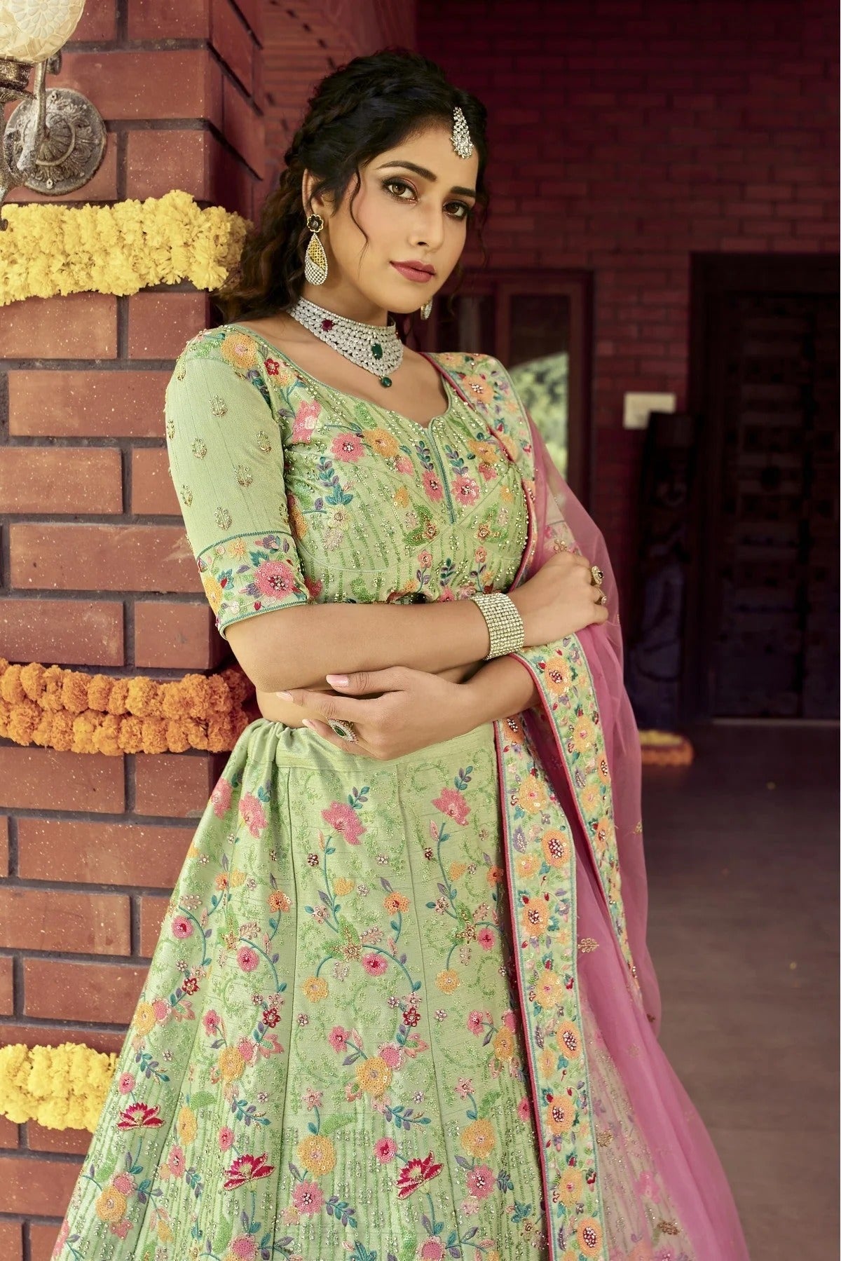 Green Colour Raw Silk Embroidery Bridal Lehenga Choli LC1080080 A