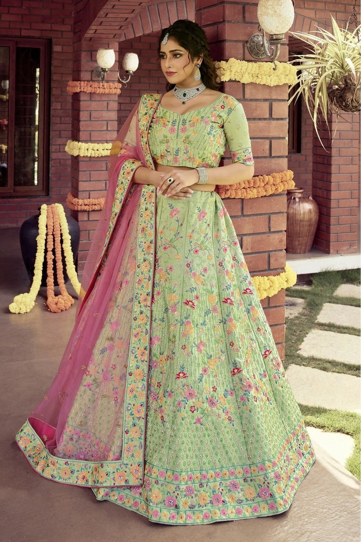 Green Colour Raw Silk Embroidery Bridal Lehenga Choli LC1080080