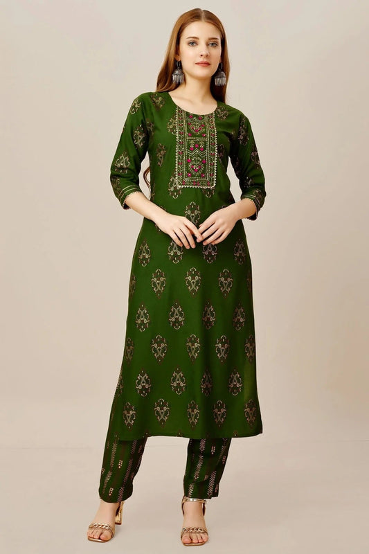 Green Colour Rayon Kurta And Pant Set KR1111306