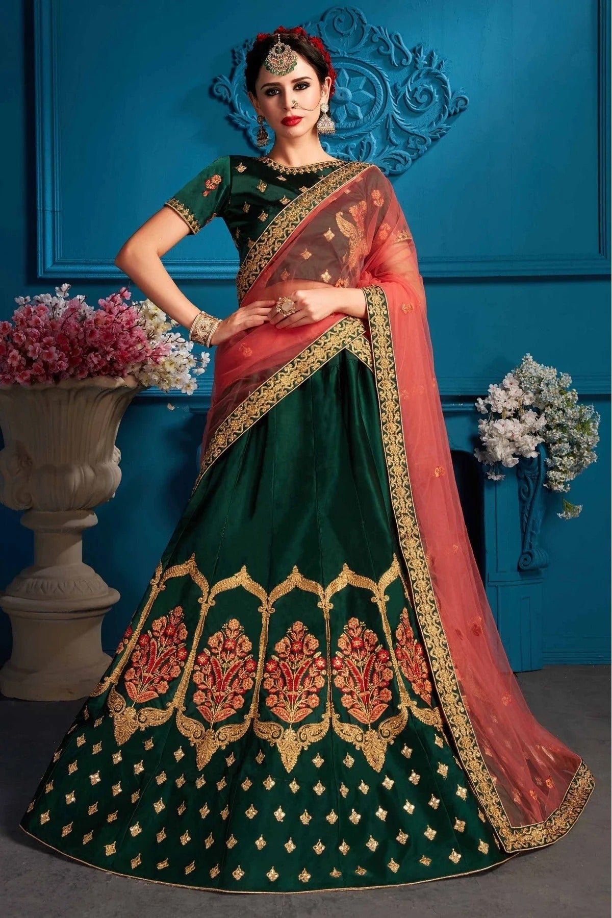 Green Colour Satin Embroidery Lehenga Choli LC1080458