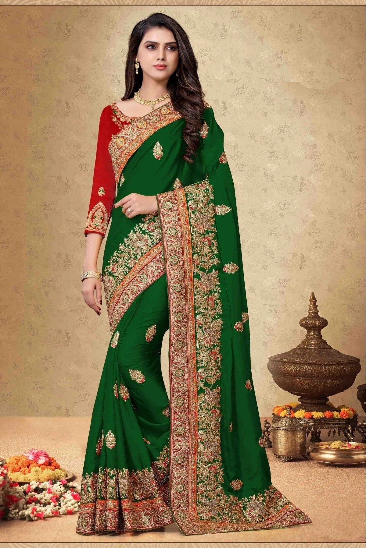 Green Colour Satin Georgette Embroidery Saree SD1120064