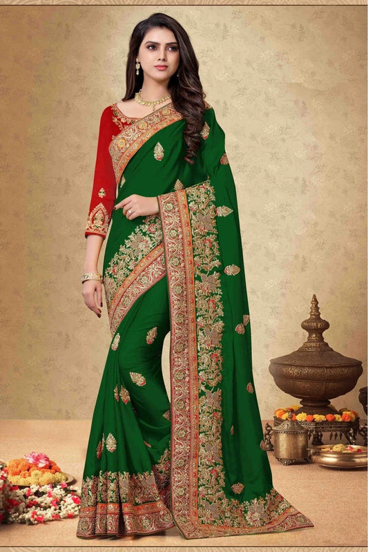 Green Colour Satin Georgette Embroidery Saree SD1120064