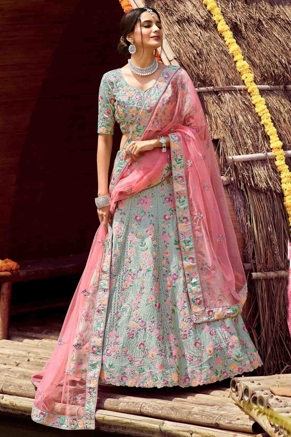 Green Colour Satin Resham Work Lehenga Choli LC1080129
