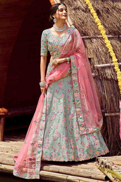 Green Colour Satin Resham Work Lehenga Choli LC1080129