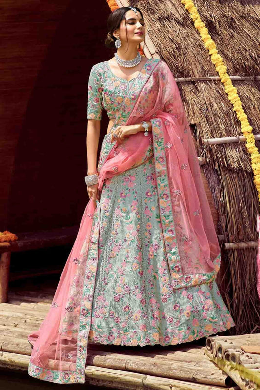 Green Colour Satin Resham Work Lehenga Choli LC1080129