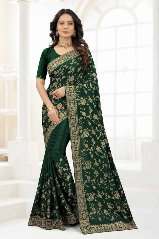 Green Colour Satin Silk Embroidery Saree SD1090324
