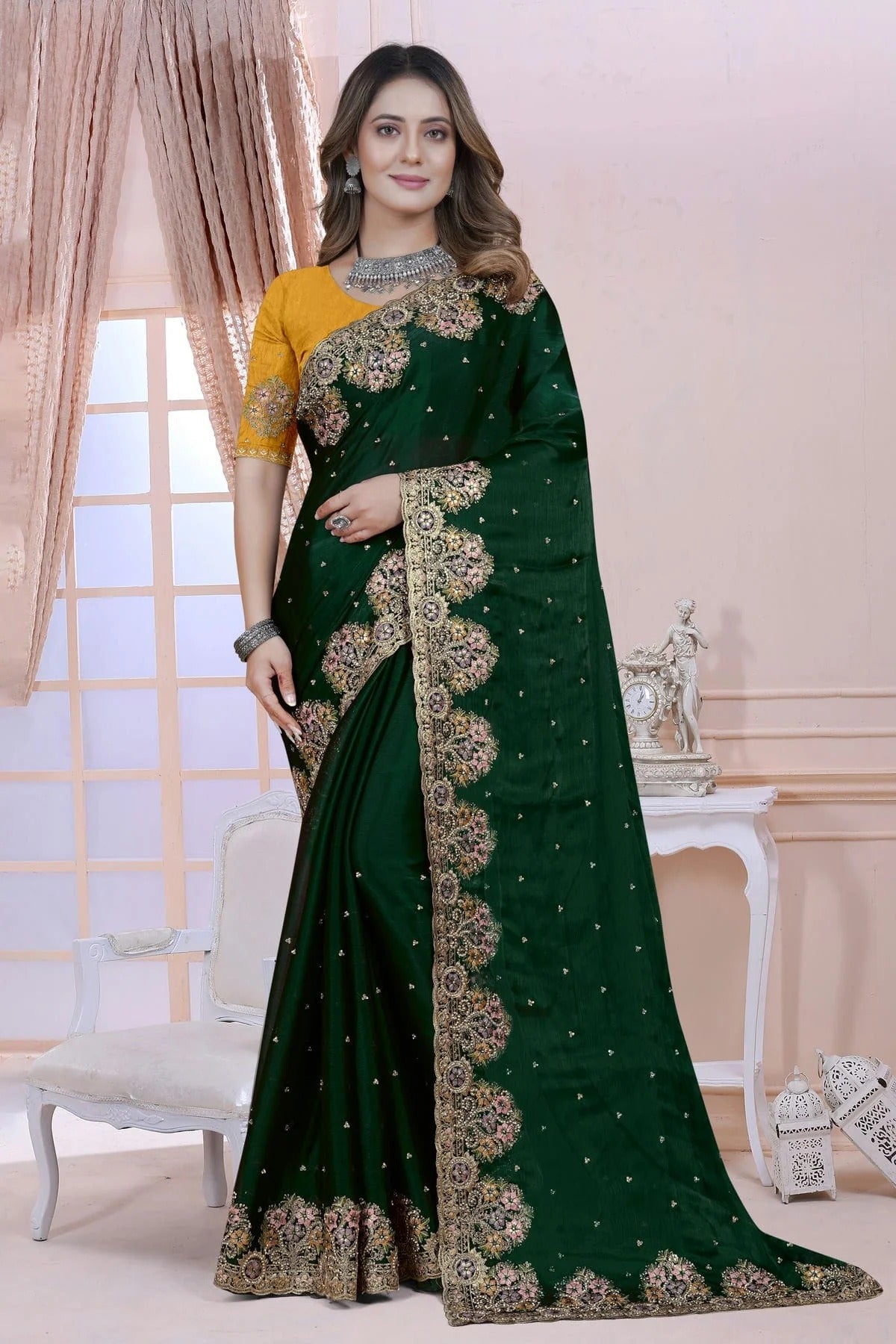 Green Colour Satin Silk Saree SD1090903