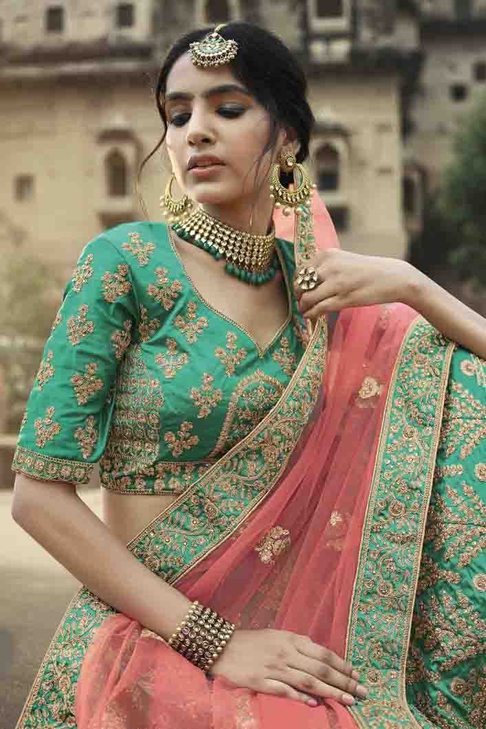 Green Colour Satin Thread Work Lehenga Choli LC1080337 B