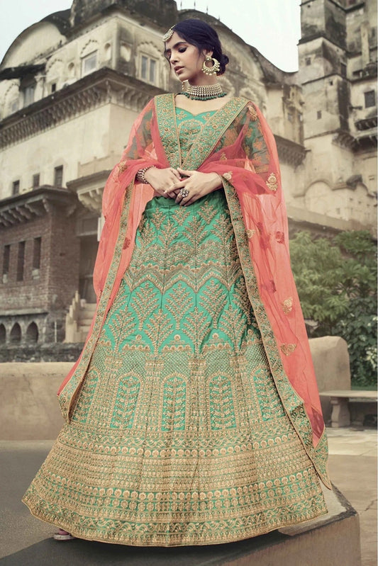 Green Colour Satin Thread Work Lehenga Choli LC1080337