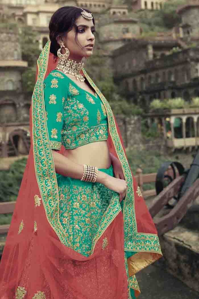 Green Colour Satin Thread Work Lehenga Choli LC1080345 A