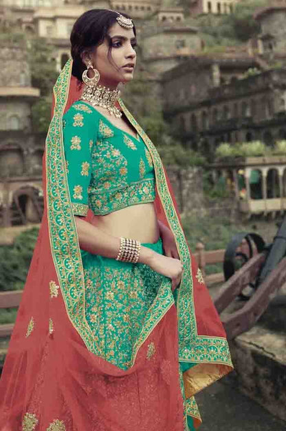Green Colour Satin Thread Work Lehenga Choli LC1080345 A