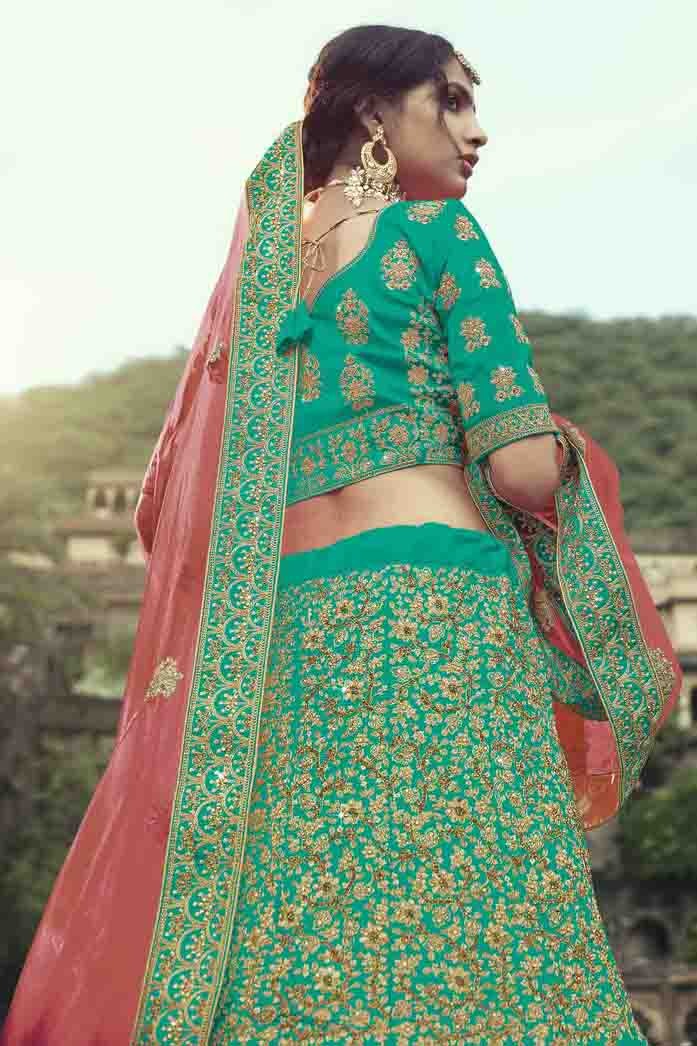 Green Colour Satin Thread Work Lehenga Choli LC1080345 B
