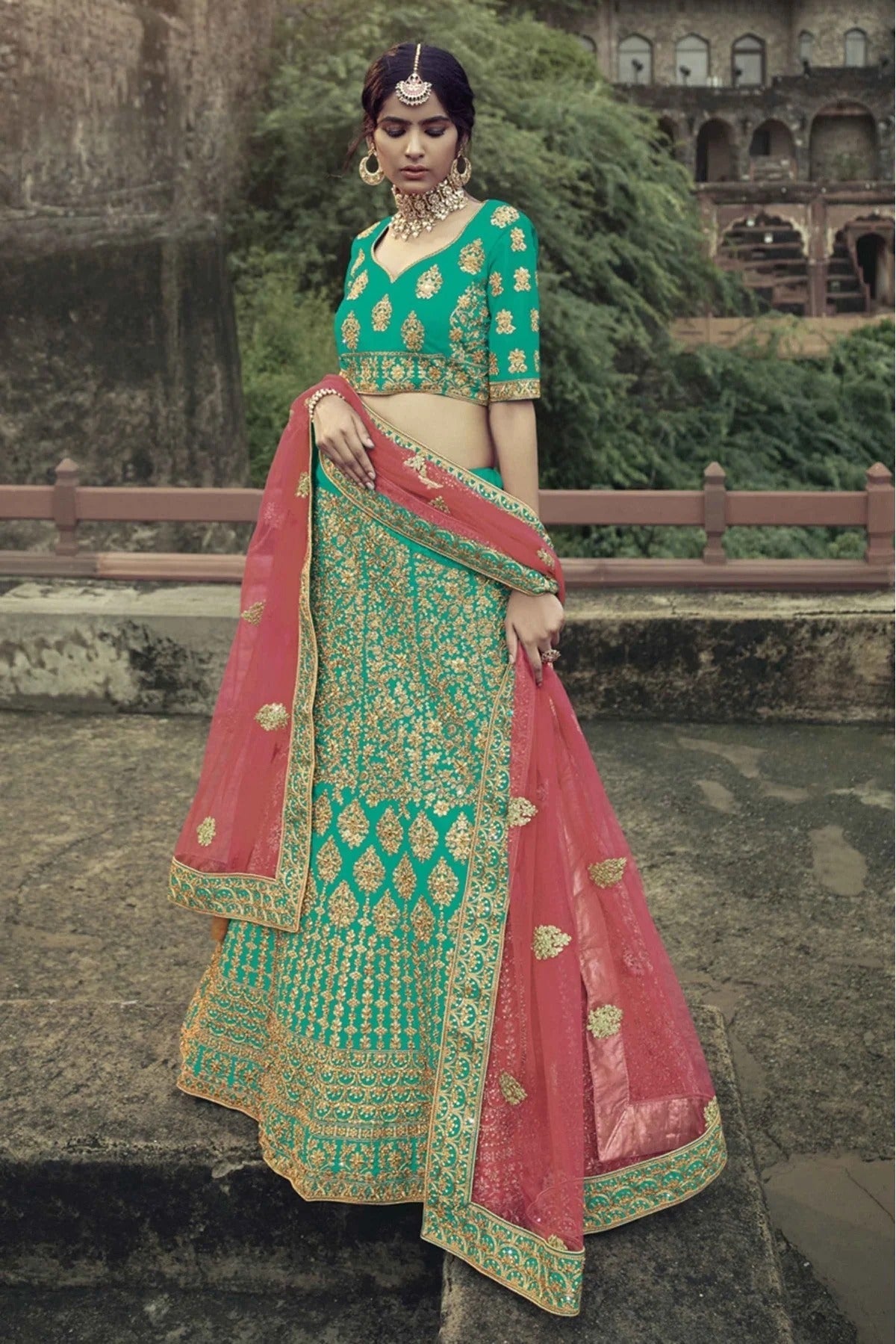Green Colour Satin Thread Work Lehenga Choli LC1080345