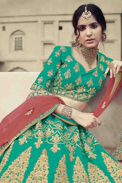 Green Colour Satin Thread Work Lehenga Choli LC1080352 A