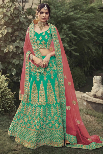 Green Colour Satin Thread Work Lehenga Choli LC1080352