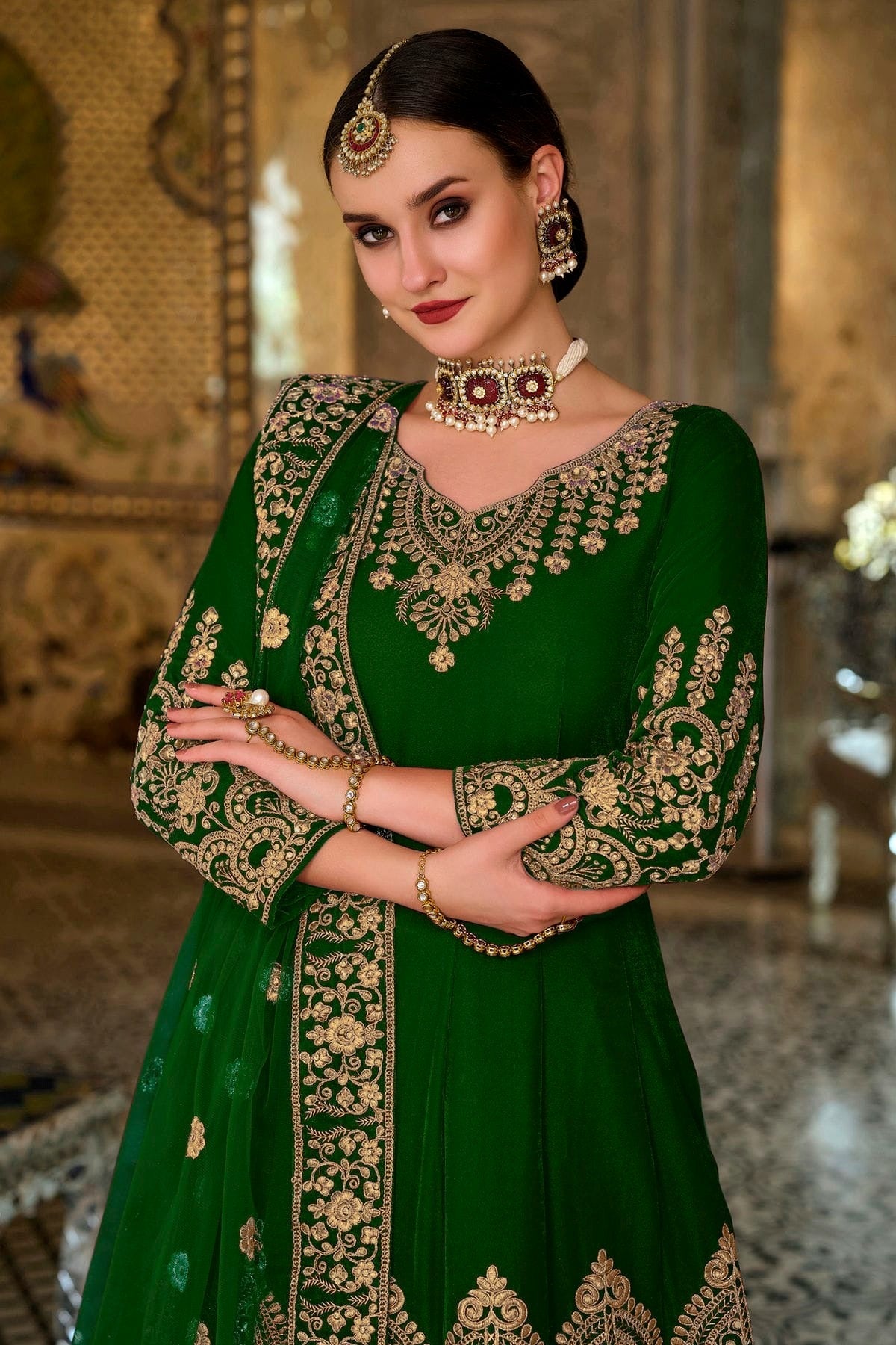 Green Colour Semi Stitched 9000 Velvet Anarkali Suit SM1140199 A