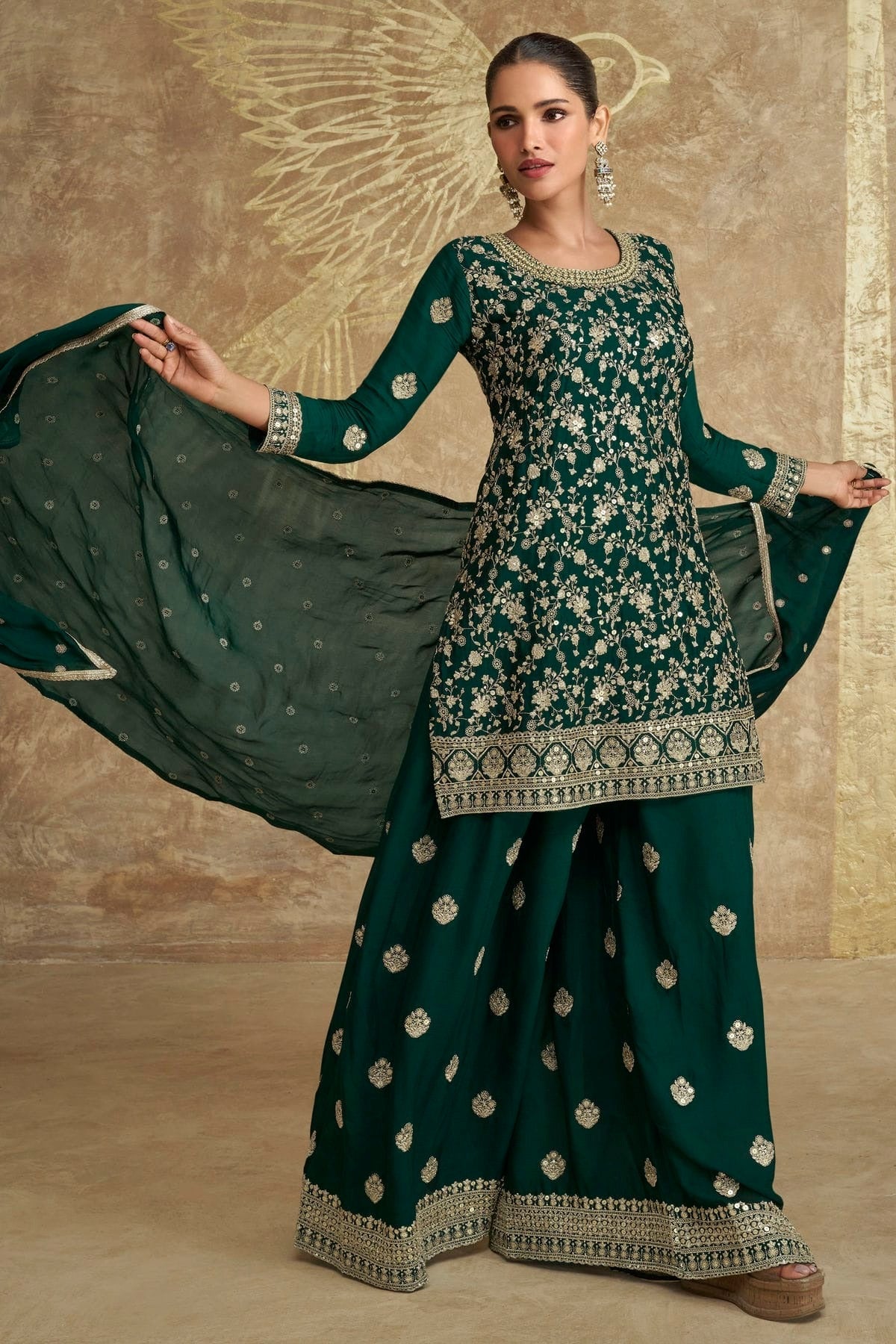 Green Colour Semi Stitched Chinon Silk Palazzo Pant Suit SM1140347 A