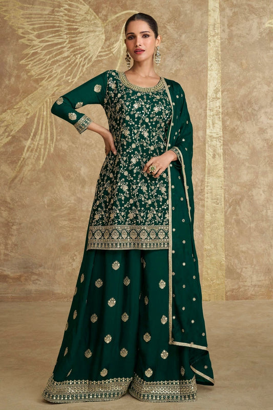 Green Colour Semi Stitched Chinon Silk Palazzo Pant Suit SM1140347