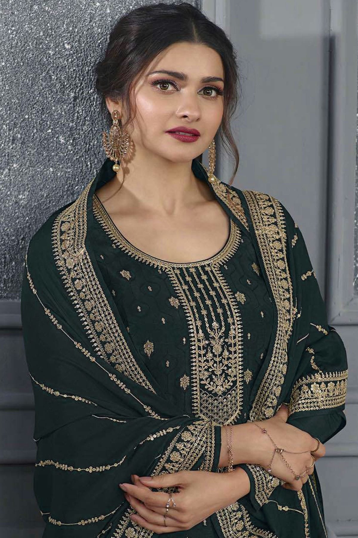 Green Colour Semi Stitched Dola Jacquard Silk Palazzo Pant Suit SM1140207 A