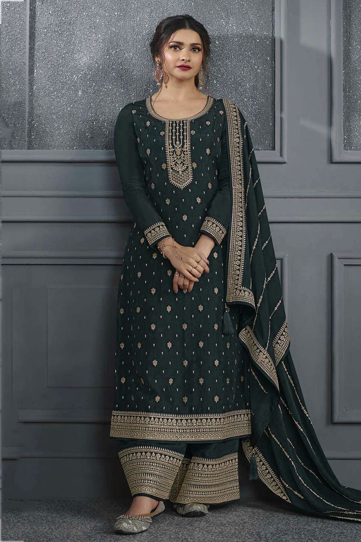 Green Colour Semi Stitched Dola Jacquard Silk Palazzo Pant Suit SM1140207