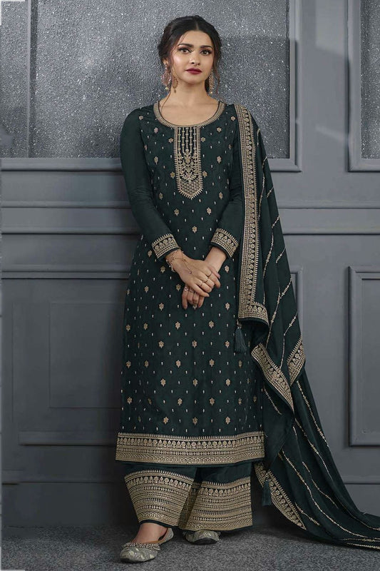 Green Colour Semi Stitched Dola Jacquard Silk Palazzo Pant Suit SM1140207