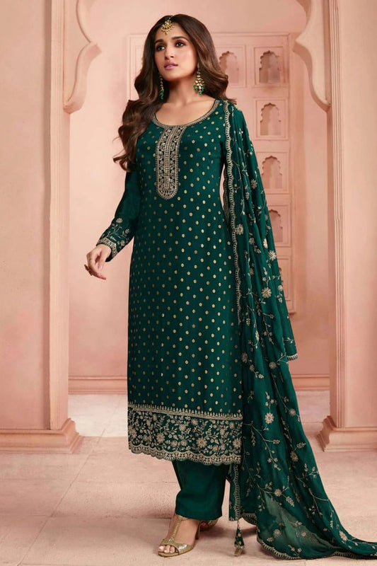 Green Colour Semi Stitched Dola Jacquard Silk Pant Style Suit SM1140521