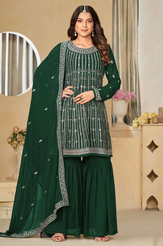 Green Colour Semi Stitched Faux Georgette Sharara Suit SM1050481