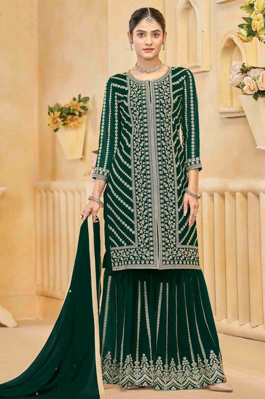 Green Colour Semi Stitched Faux Georgette Sharara Suit SM1050747
