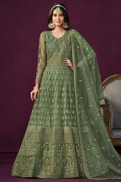 Green Colour Semi Stitched Net Anarkali Suit SM1050437