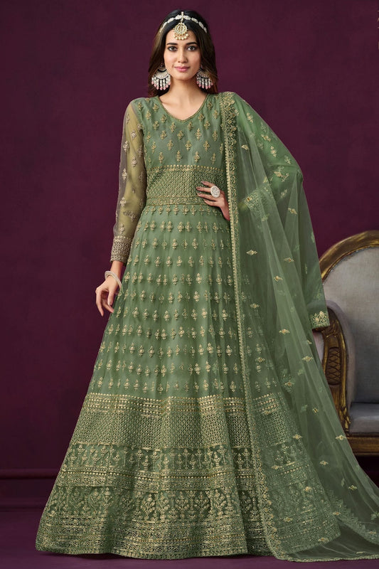 Green Colour Semi Stitched Net Anarkali Suit SM1050437