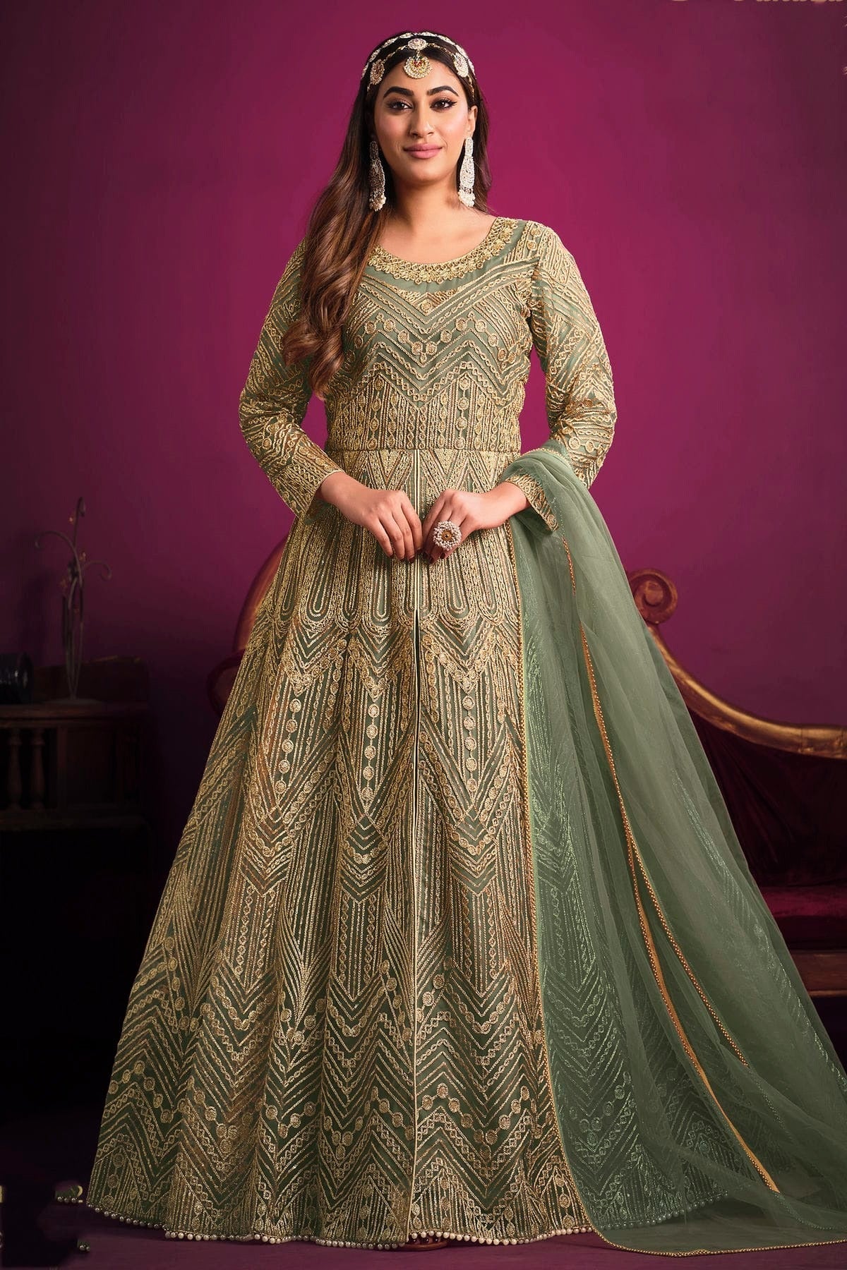 Green Colour Semi Stitched Net Pant Style Suit SM1050402