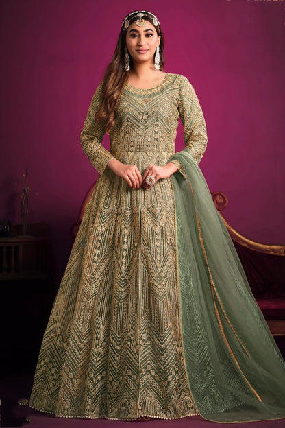 Green Colour Semi Stitched Net Pant Style Suit SM1050402