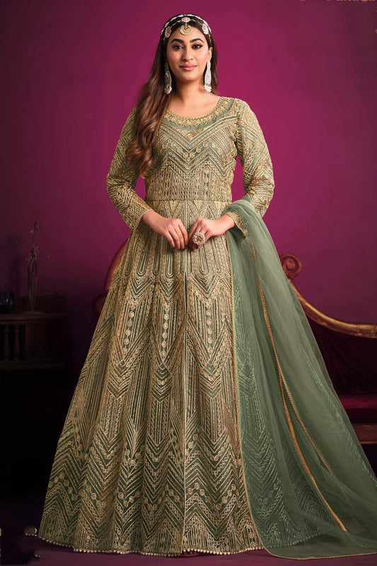 Green Colour Semi Stitched Net Pant Style Suit SM1050402