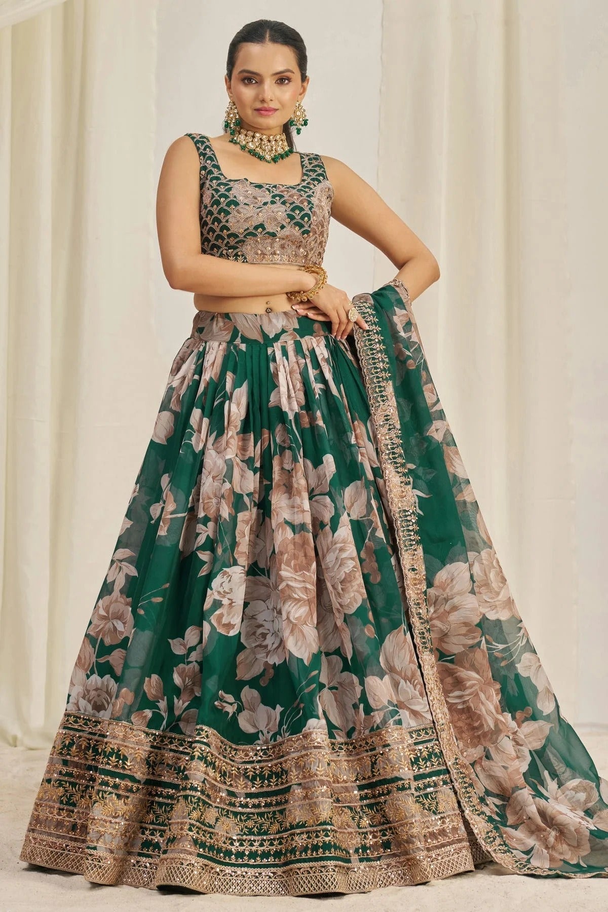 Green Colour Semi Stitched Organza Lehenga Choli LC1080900