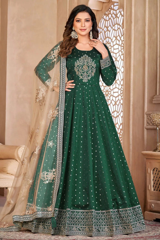 Green Colour Semi Stitched Taffeta Silk Anarkali Suit SM1050420