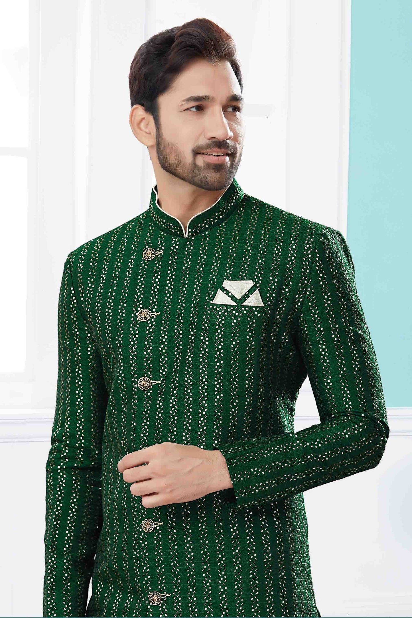 Green Colour Sherwani In Jacquard Fabric SH1040421 A