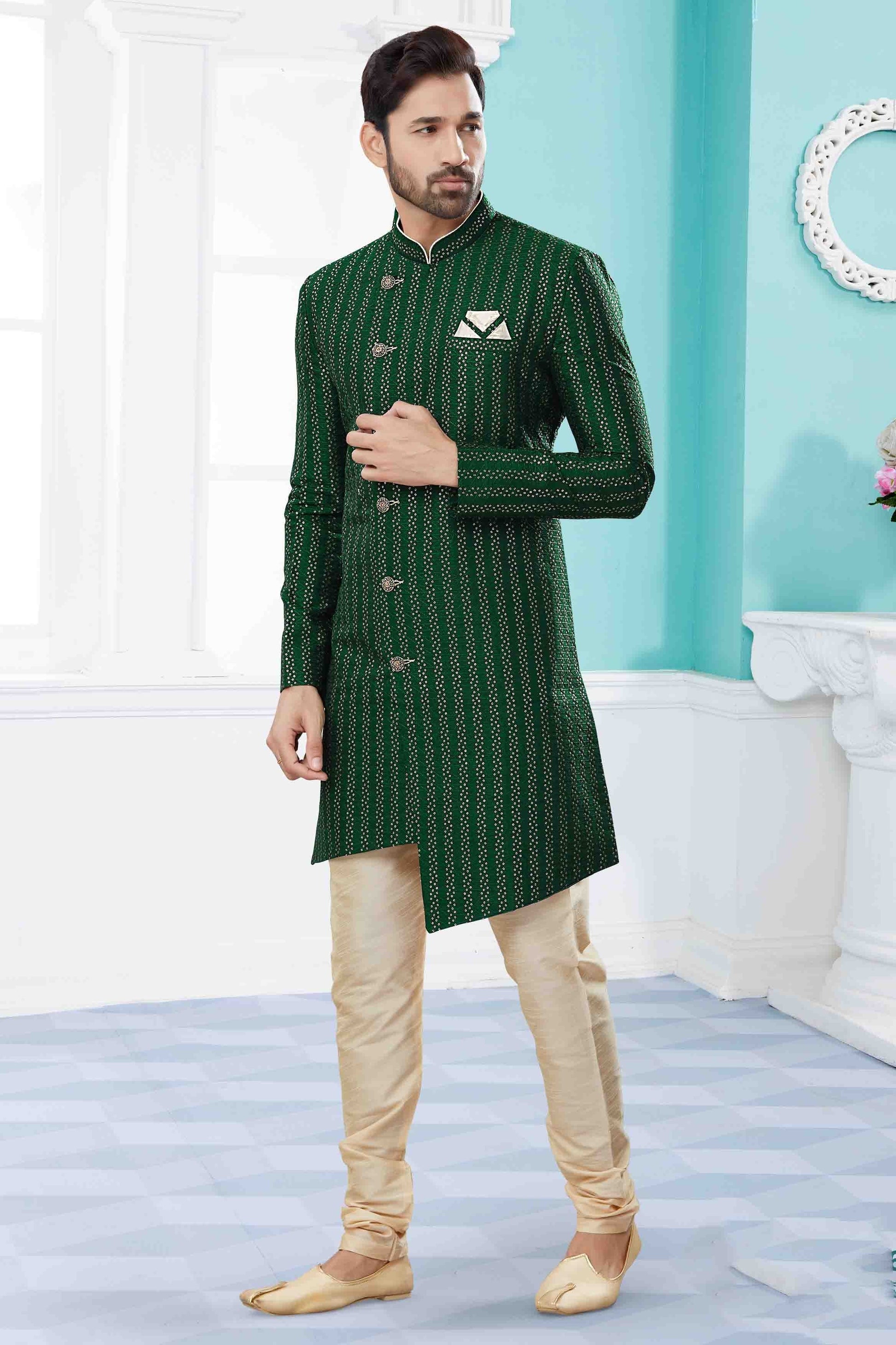 Green Colour Sherwani In Jacquard Fabric SH1040421